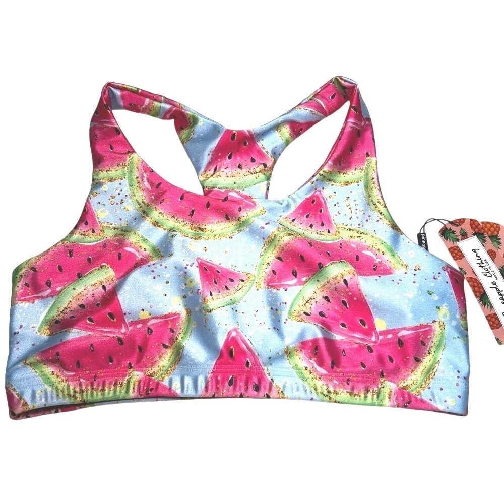 NWT‎ Pineapple Clothing "one in a melon" Watermelon Print Racerback Sports Bra L